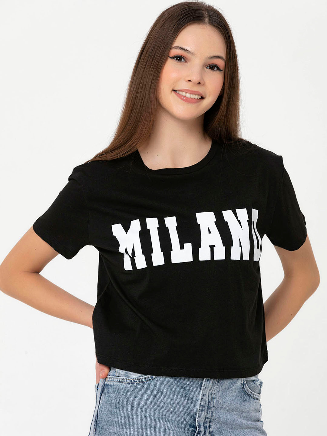 

Miss Poem Women Black & White Typography Printed Pure Cotton T-shirt