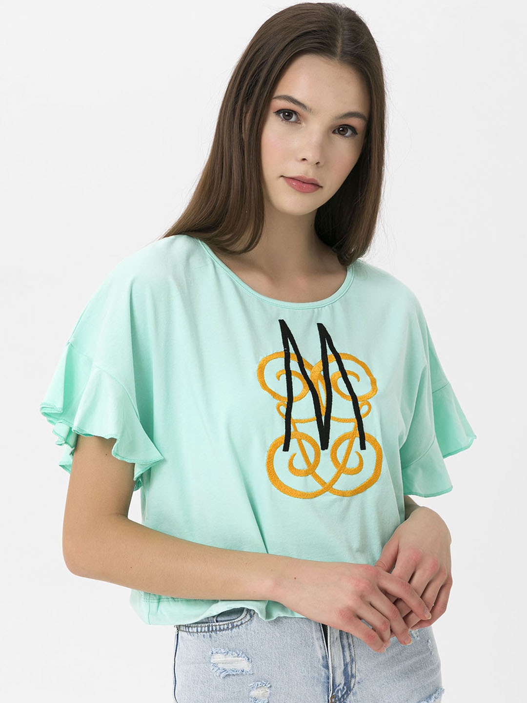 

Miss Poem Women Green & Black Typography T-shirt