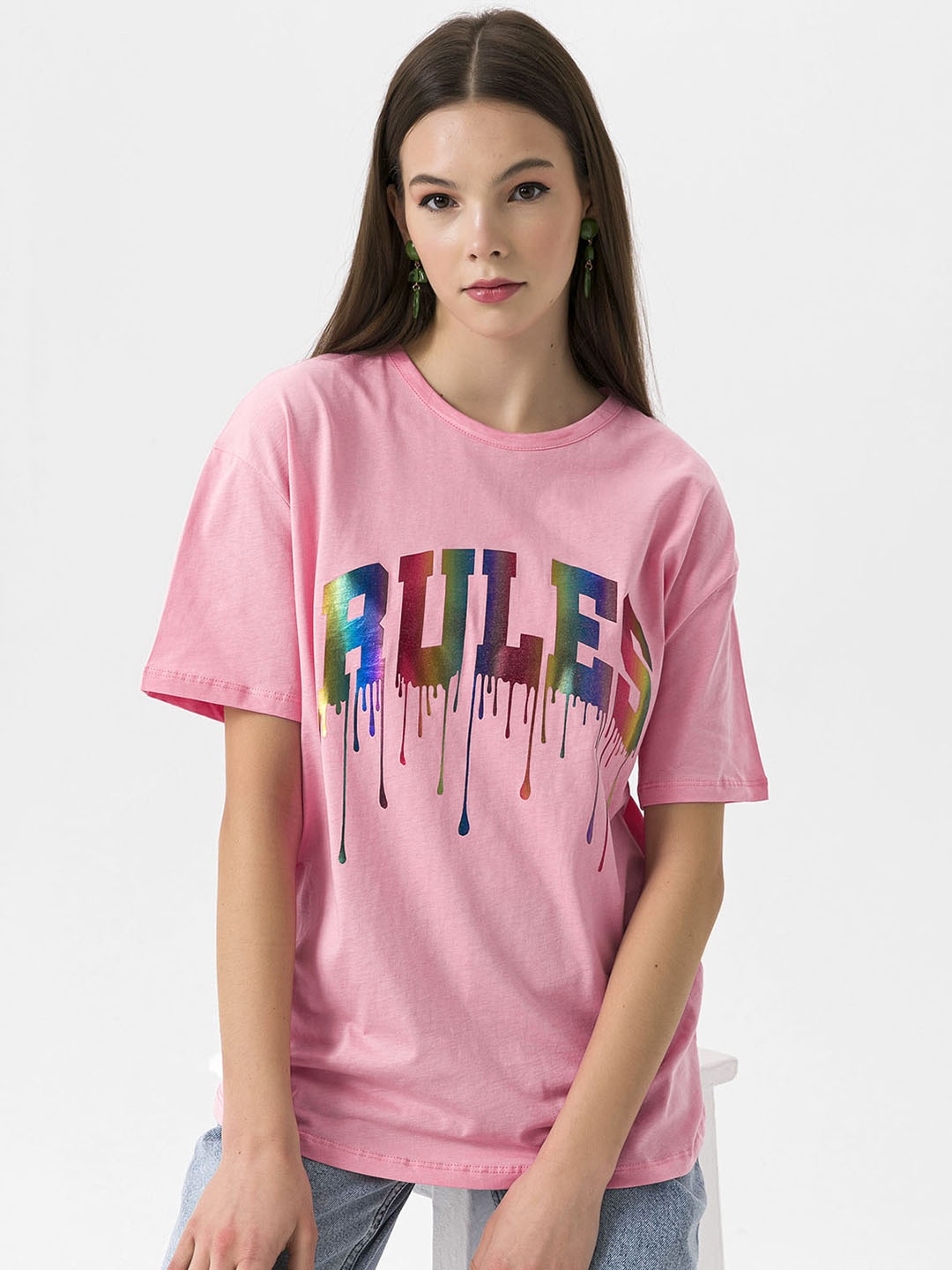 

Miss Poem Women Pink Printed Drop-Shoulder Sleeves Pure Cotton T-shirt