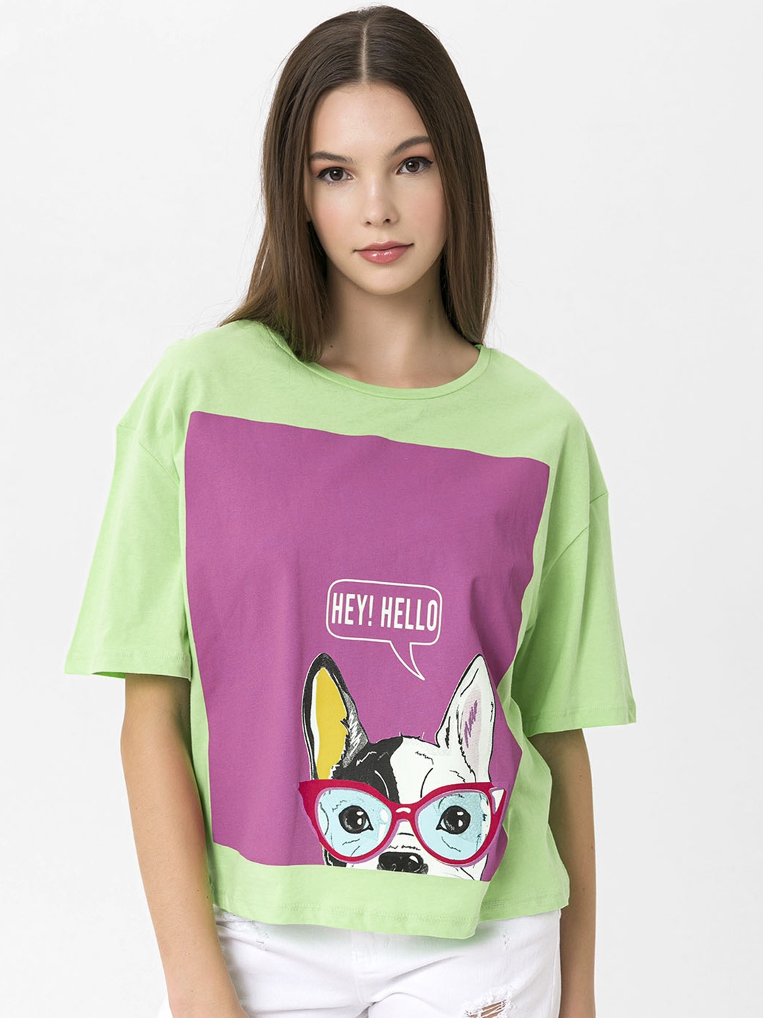 

Miss Poem Women Green & Pink Printed Drop-Shoulder Sleeves Pure Cotton T-shirt