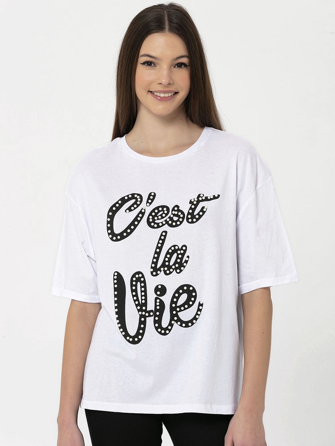 

Miss Poem Women White Printed Drop-Shoulder Sleeves Pure Cotton T-shirt