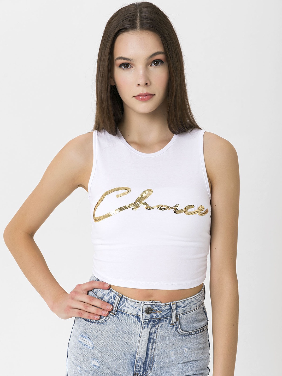 

Miss Poem Women White Sequinned Cropped T-shirt