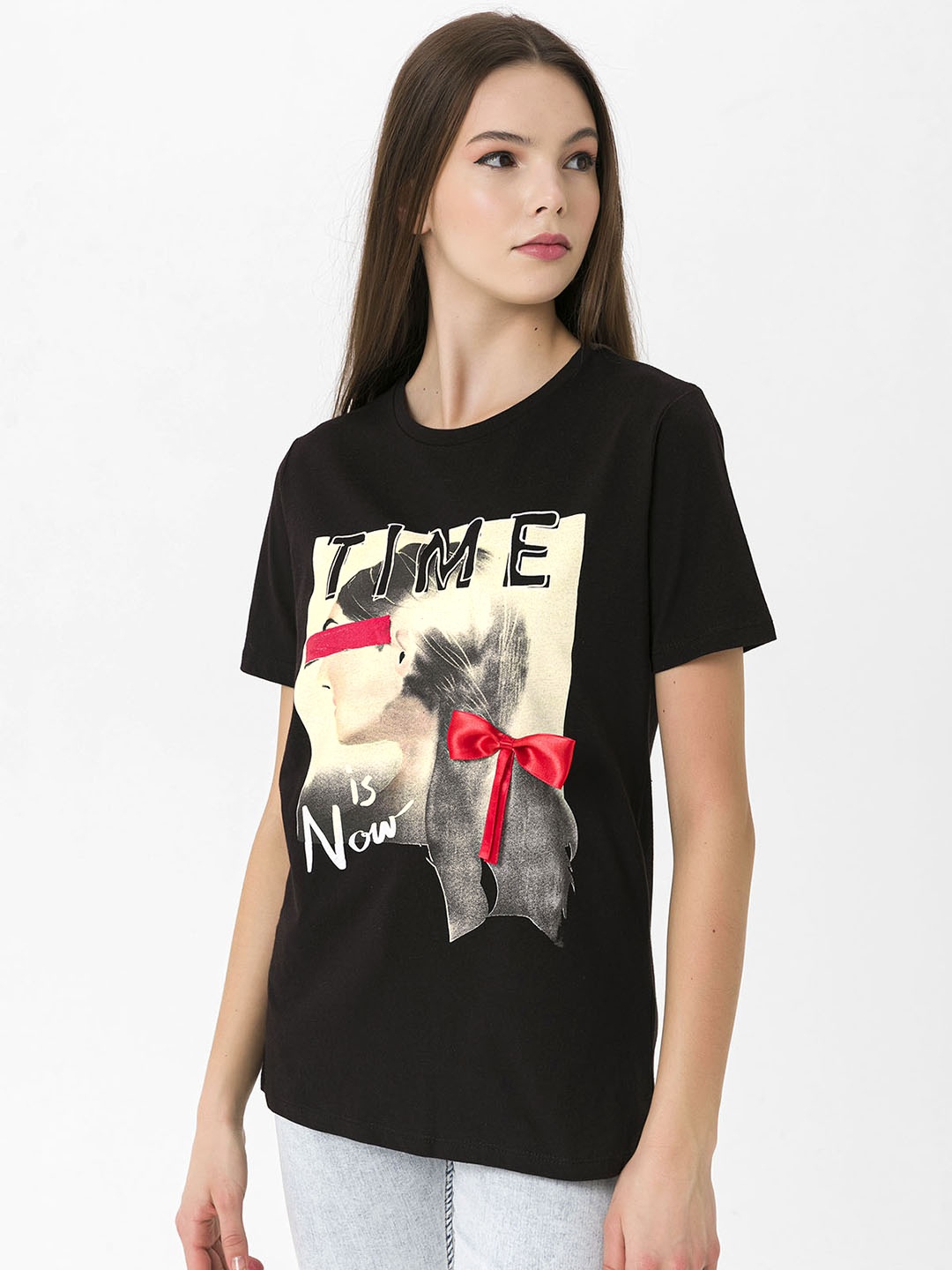 

Miss Poem Women Black Printed Pure Cotton T-shirt