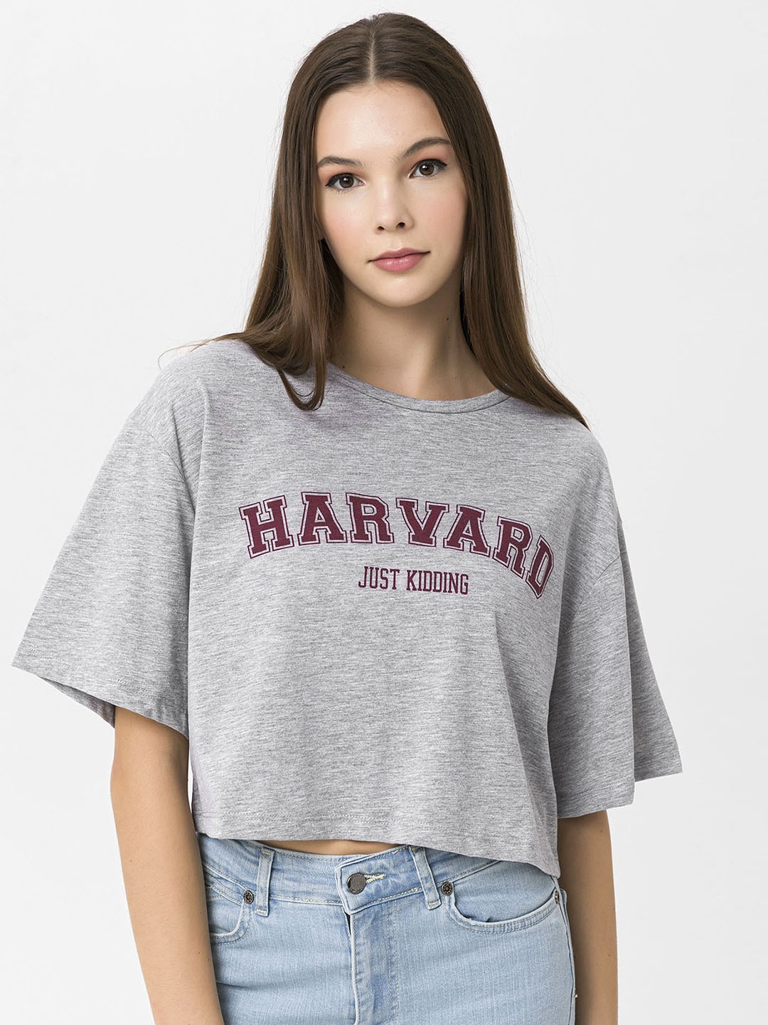 

Miss Poem Women Grey Melange Varsity Printed Pure Cotton Cropped T-shirt
