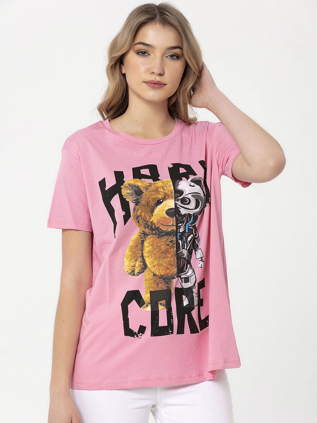 

Miss Poem Women Pink Typography Printed Pure Cotton T-shirt