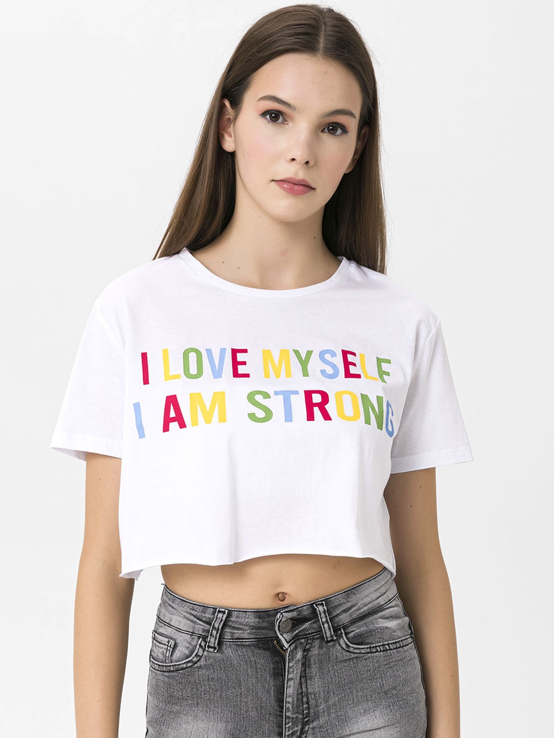 

Miss Poem Women White Typography Printed Pure Cotton Cropped T-shirt