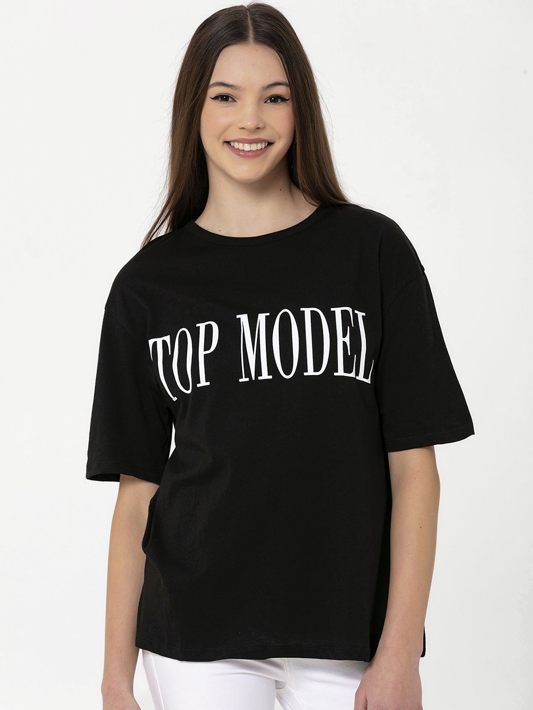 

Miss Poem Women Black Typography Printed Pure Cotton T-shirt