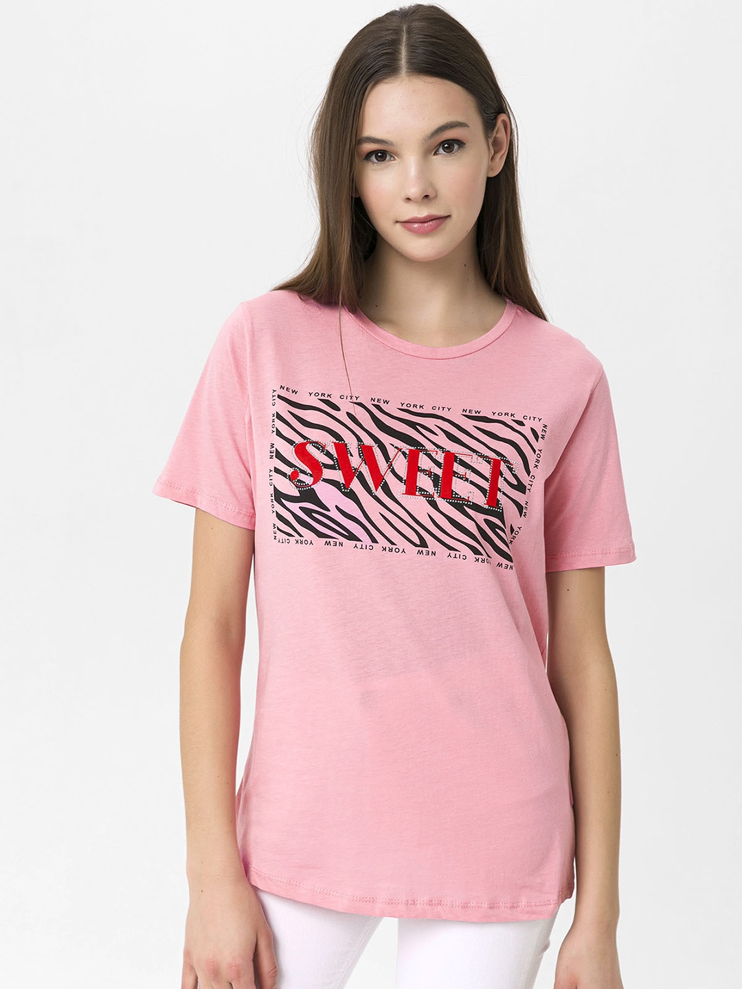 

Miss Poem Women Pink Typography Printed Pure Cotton T-shirt