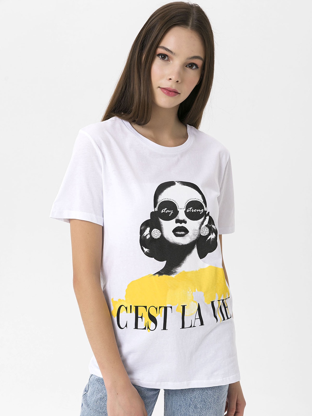 

Miss Poem Women White & Black Printed Embellished Pure Cotton T-shirt