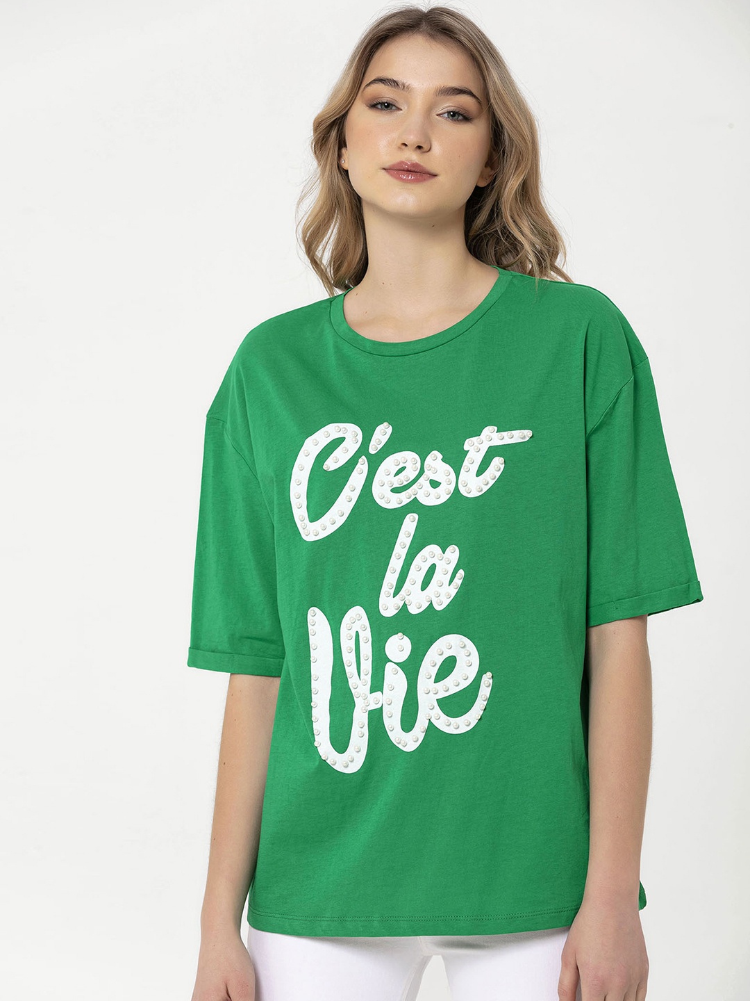 

Miss Poem Women Green & White Printed Embellished Pure Cotton T-shirt