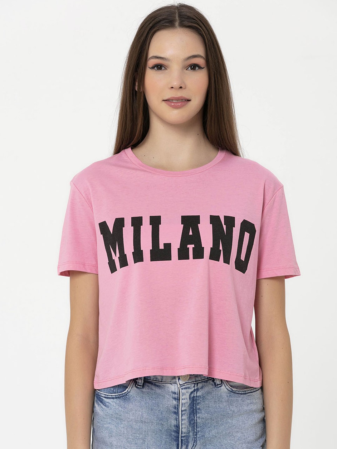 

Miss Poem Women Pink & Black Typography Printed Pure Cotton T-shirt