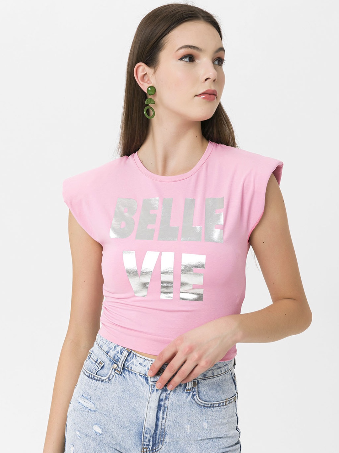 

Miss Poem Women Pink & Silver Printed Padded Shoulder T-shirt