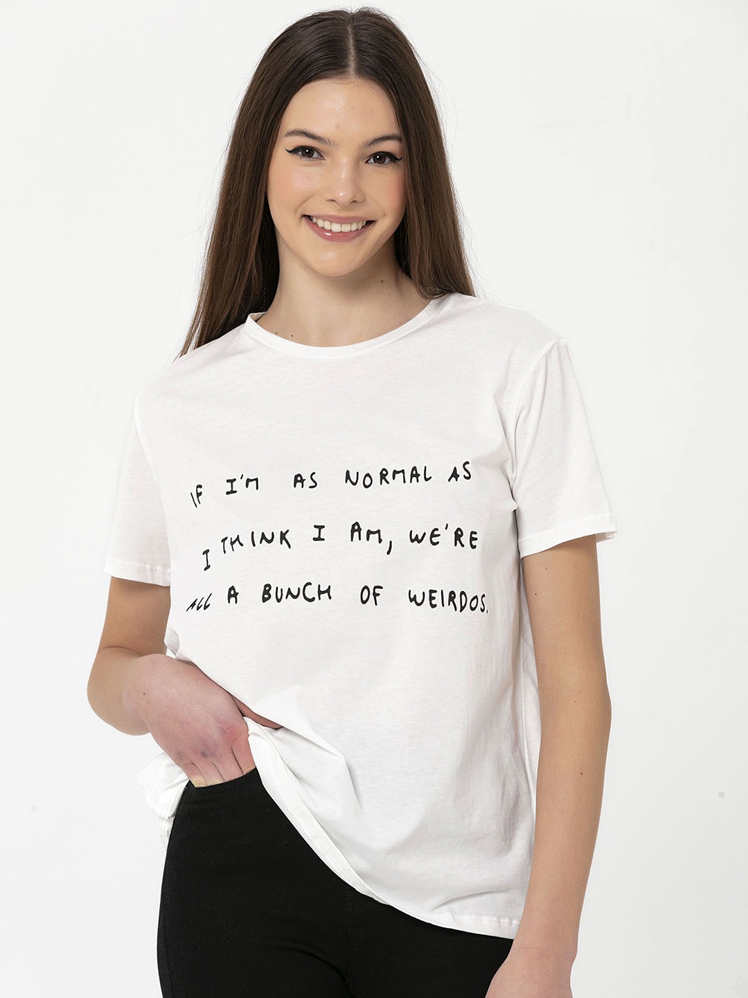 

Miss Poem Women White & Black Printed Pure Cotton T-shirt