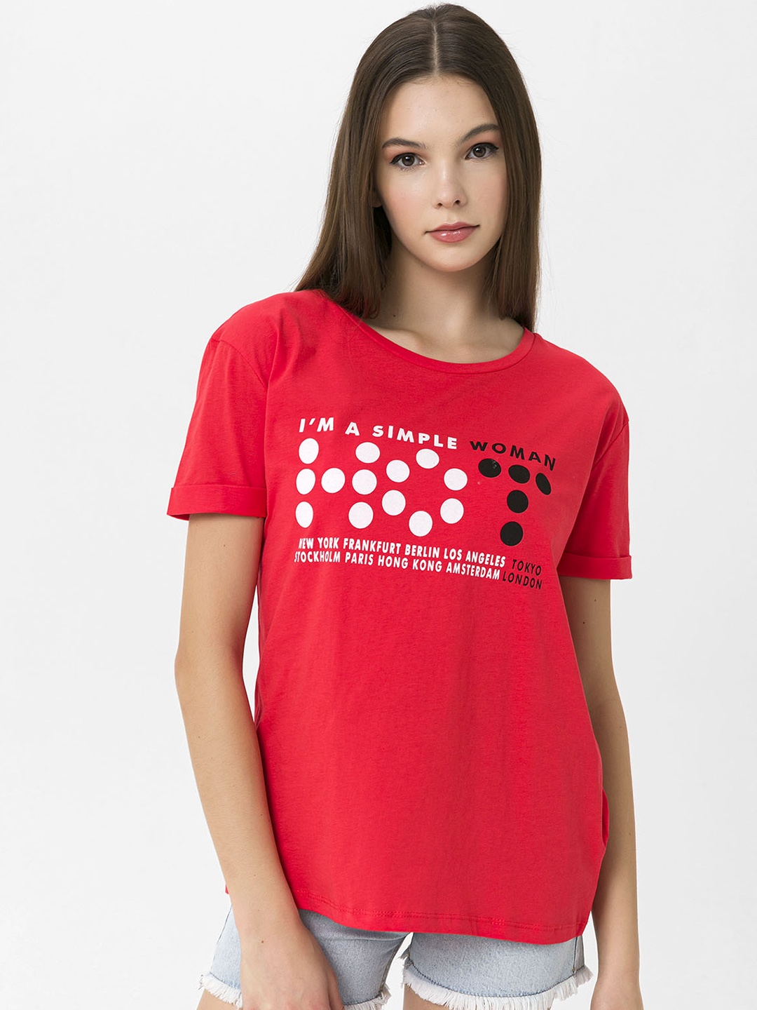 

Miss Poem Women Red & White Printed Pure Cotton T-shirt