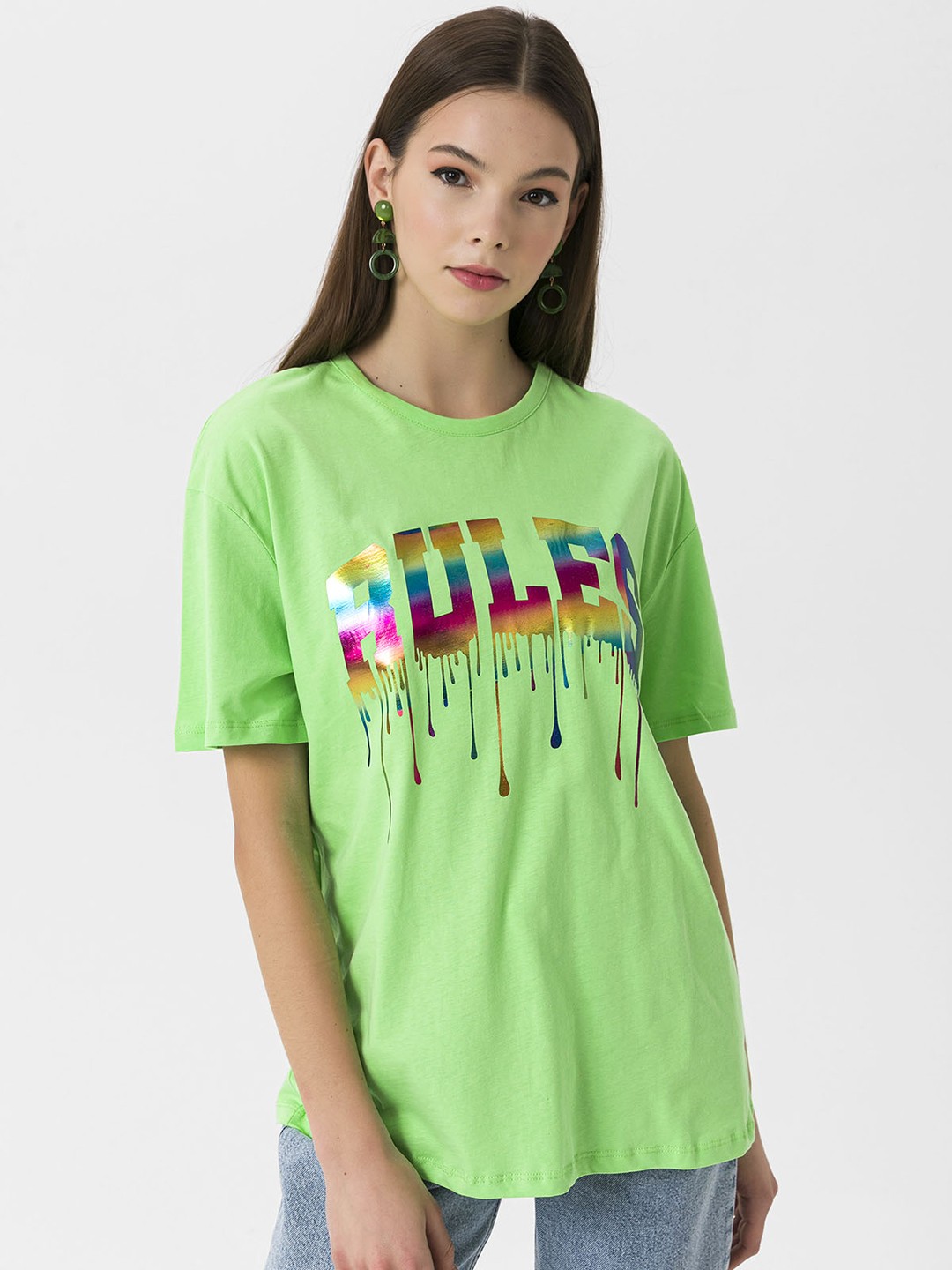 

Miss Poem Women Green Printed Pure Cotton T-shirt