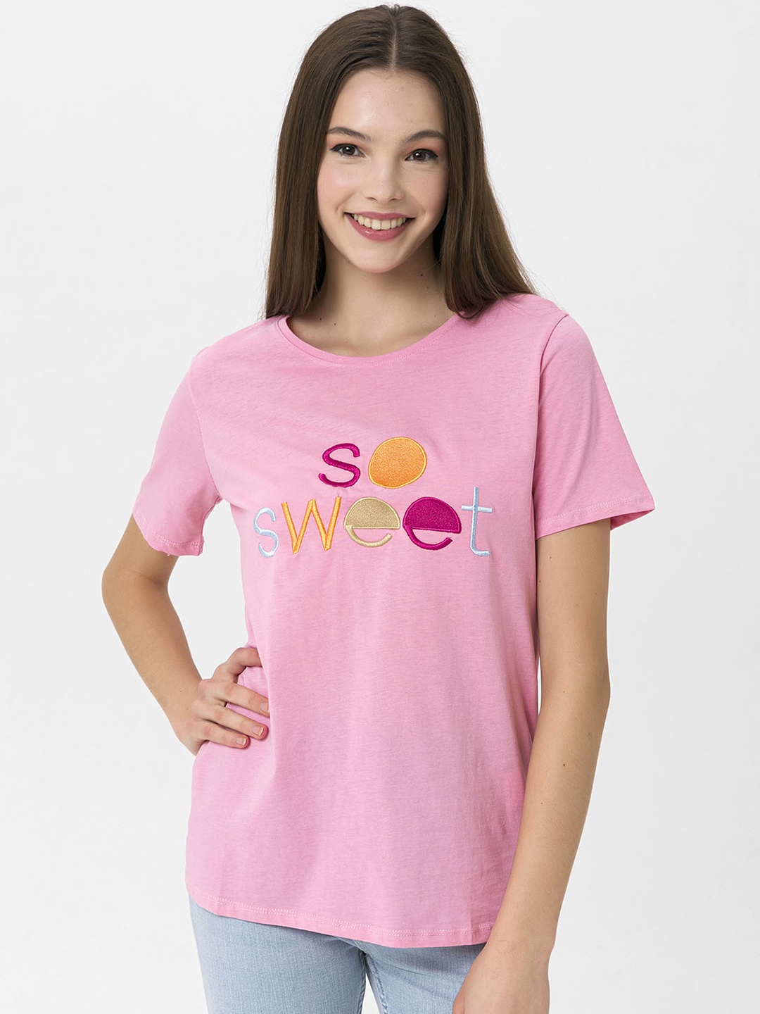 

Miss Poem Women Pink Pure Cotton Applique T-shirt