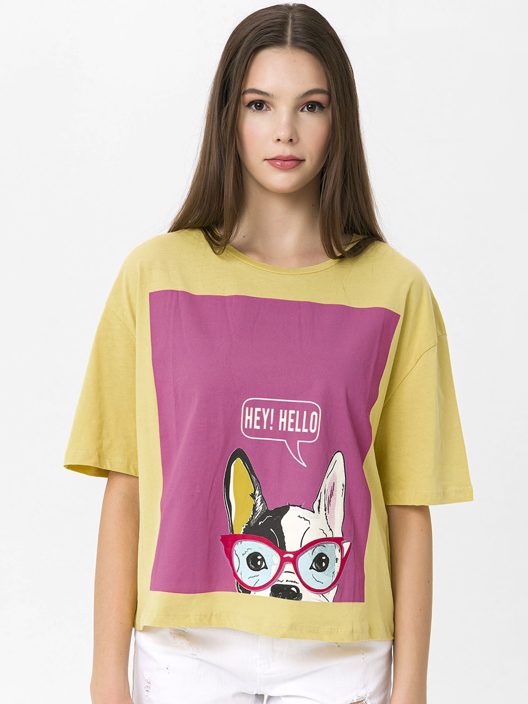 

Miss Poem Women Yellow & Pink Printed Drop-Shoulder Sleeves Pure Cotton T-shirt