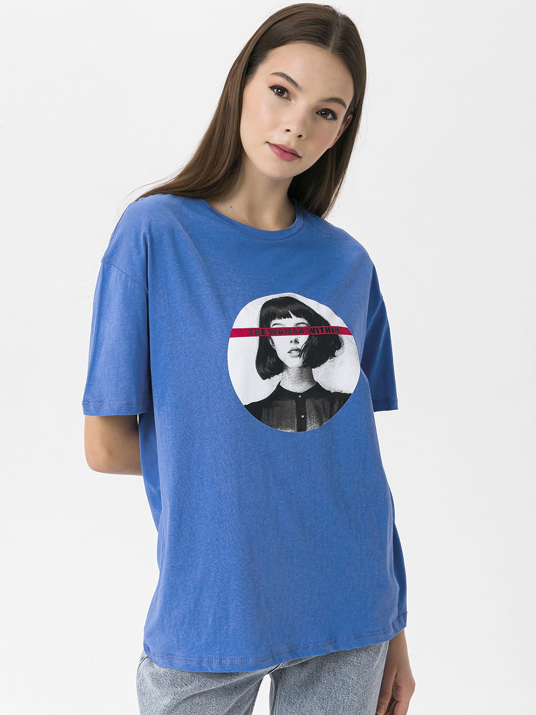 

Miss Poem Women Blue Printed Drop-Shoulder Sleeves Pure Cotton T-shirt