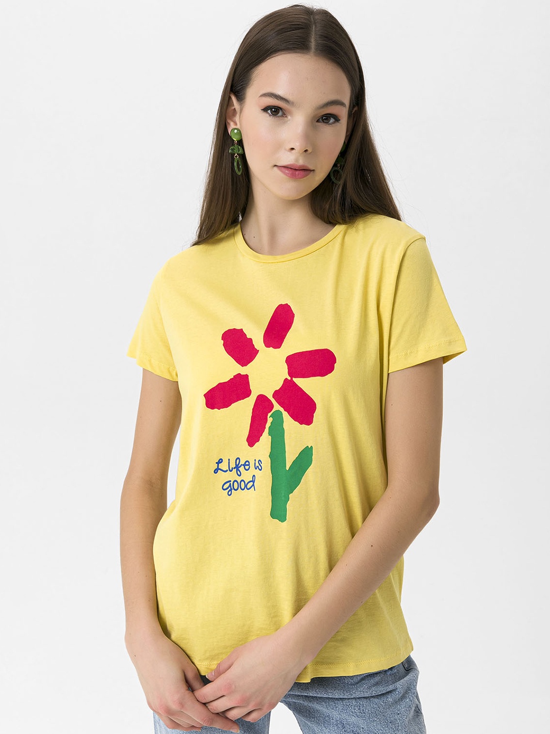 

Miss Poem Women Yellow Floral Printed Pure Cotton T-shirt