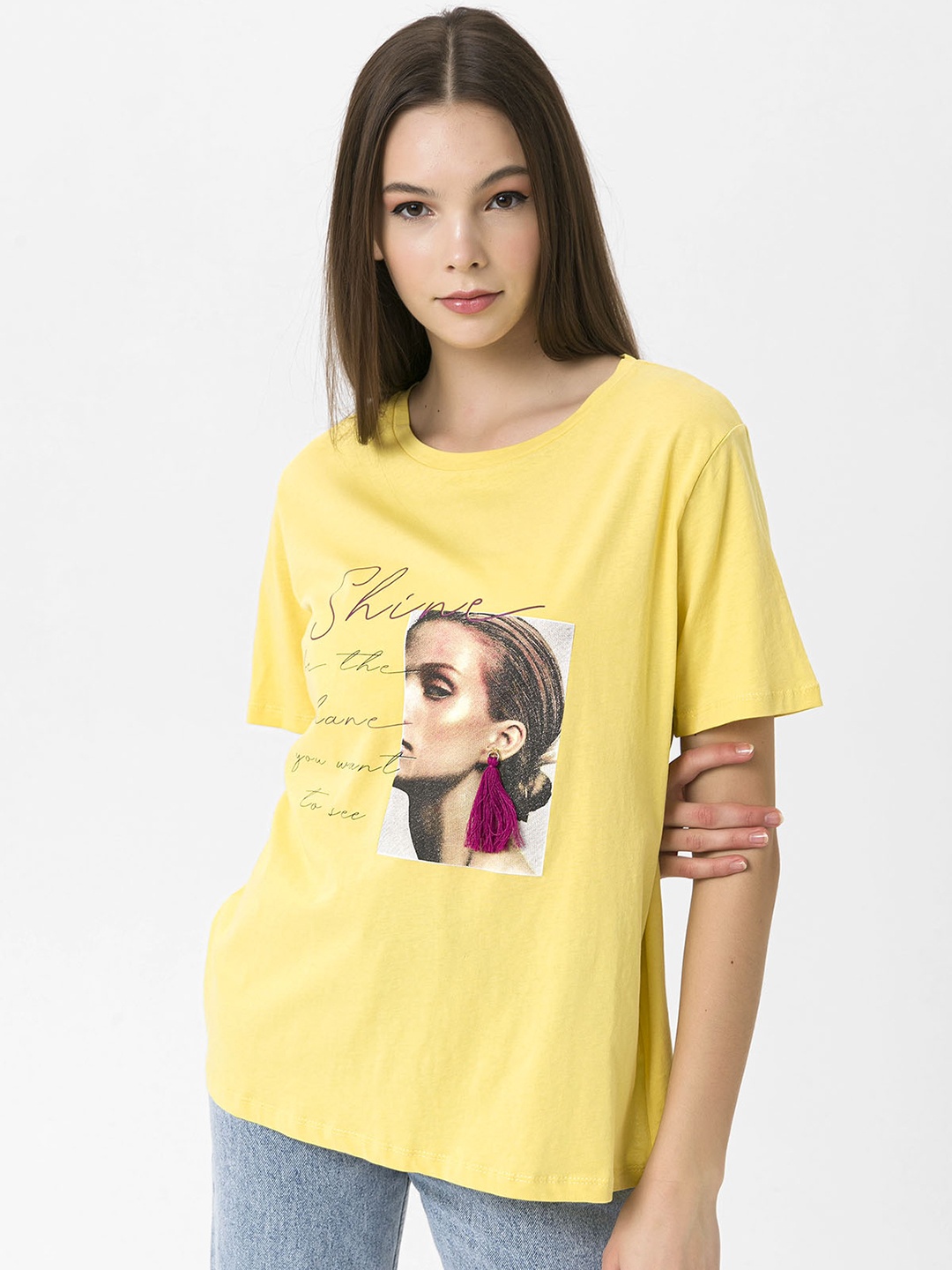 

Miss Poem Women Yellow Printed Pure Cotton T-shirt