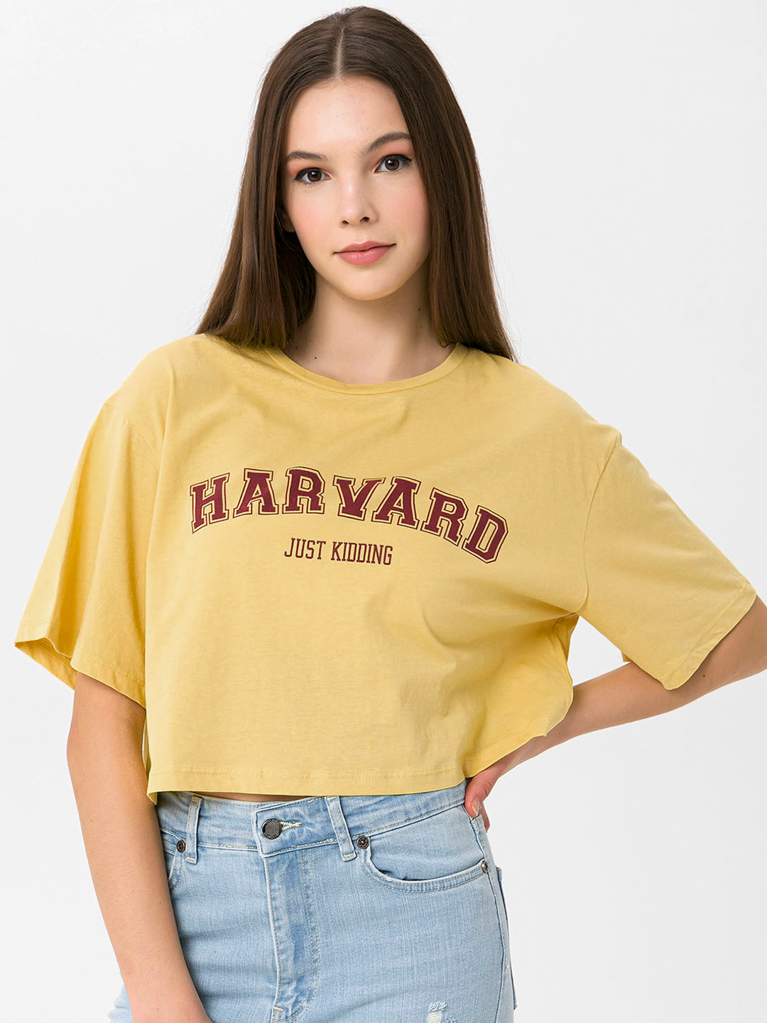 

Miss Poem Women Yellow Varsity Printed Drop-Shoulder Sleeves Pure Cotton Boxy T-shirt