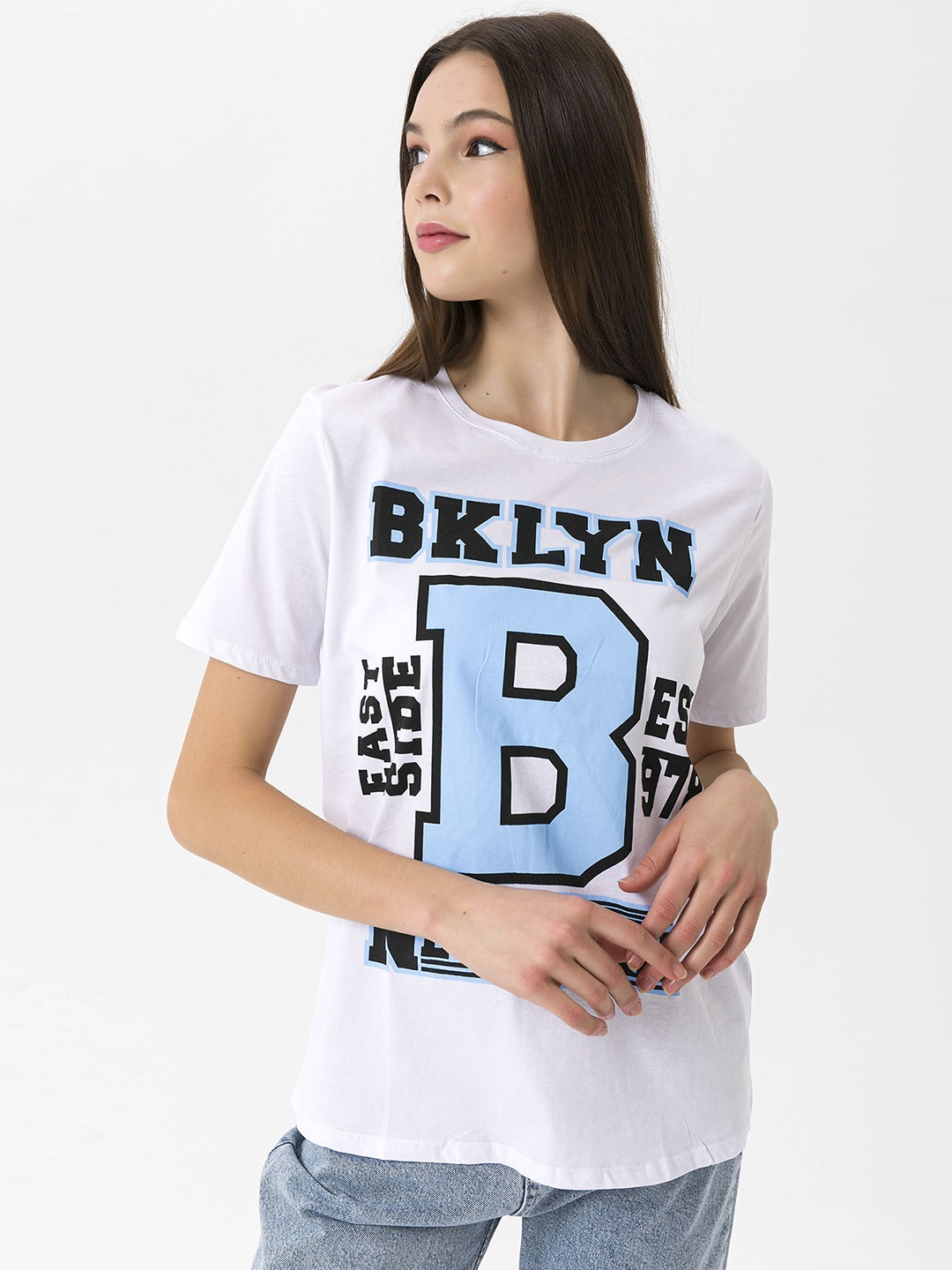 

Miss Poem Women White Varsity Printed Pure Cotton T-shirt