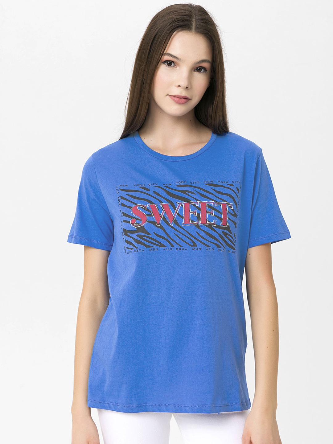 

Miss Poem Women Blue Typography Printed Pure Cotton T-shirt