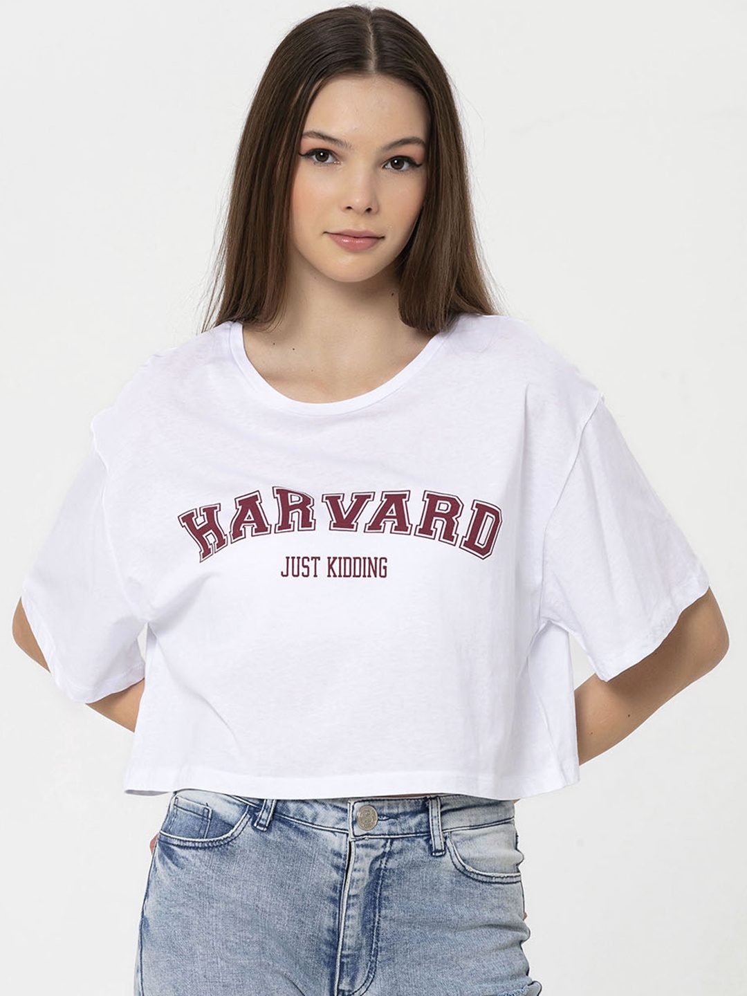 

Miss Poem Women White Varsity Printed Drop-Shoulder Sleeves Pure Cotton Boxy T-shirt