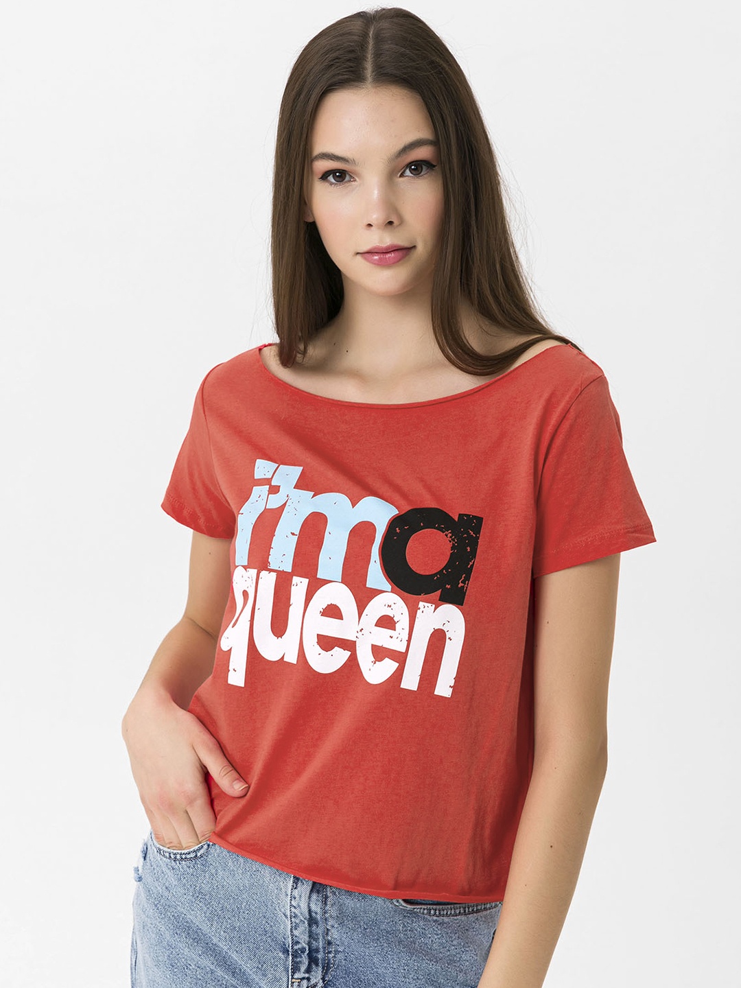 

Miss Poem Women Red Typography Printed Pure Cotton T-shirt