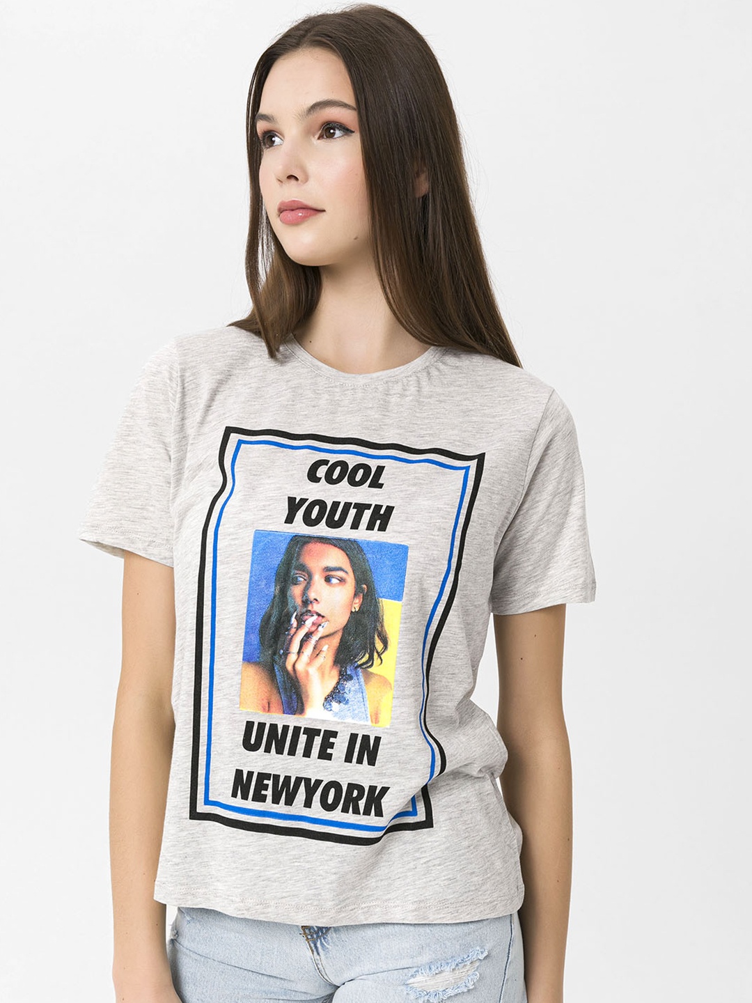 

Miss Poem Women Grey Melange & Blue Graphic Printed T-shirt