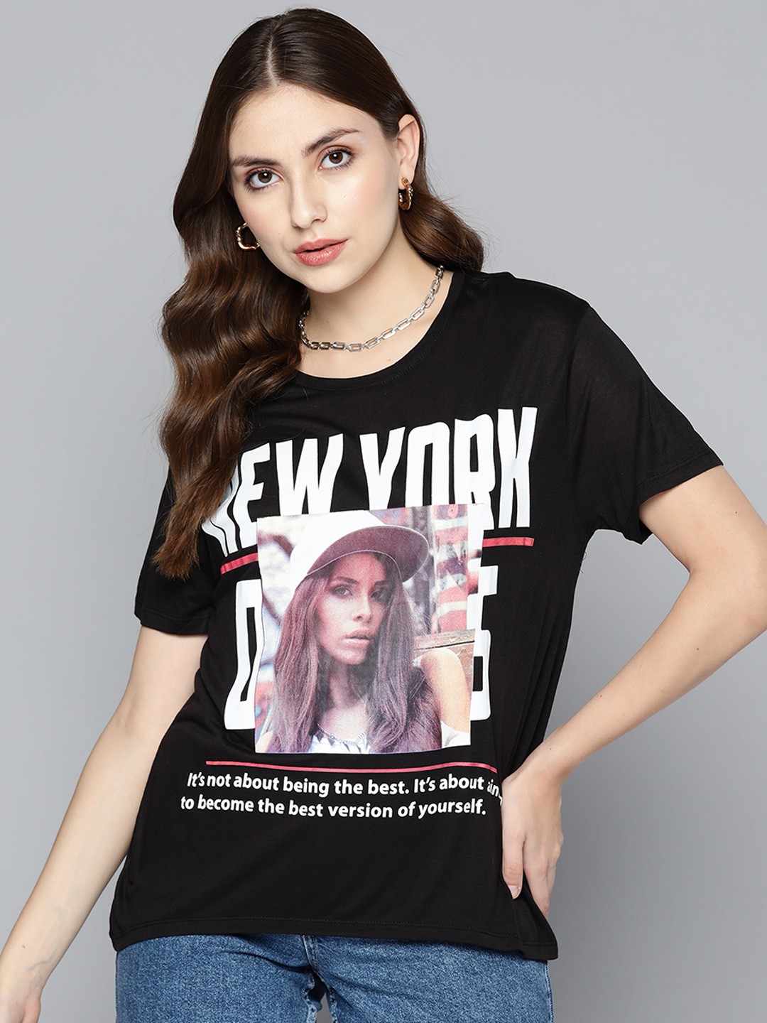 

Miss Poem Women Black & White Typography Printed T-shirt