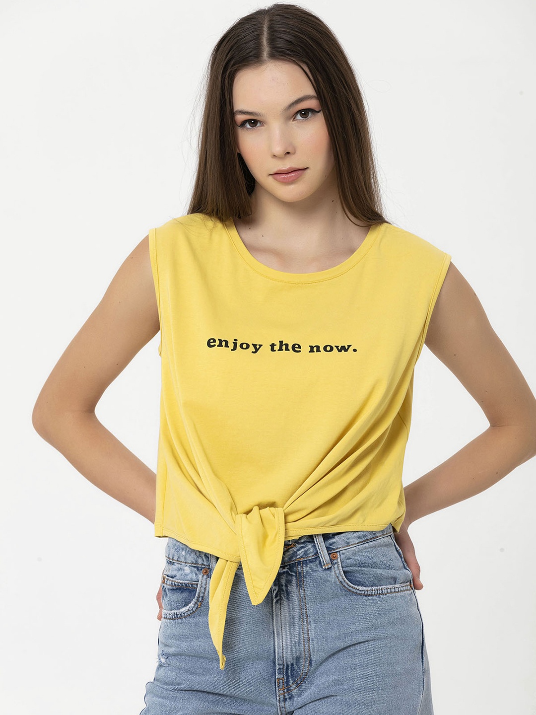 

Miss Poem Women Yellow Typography Printed Tie Up Detail T-shirt