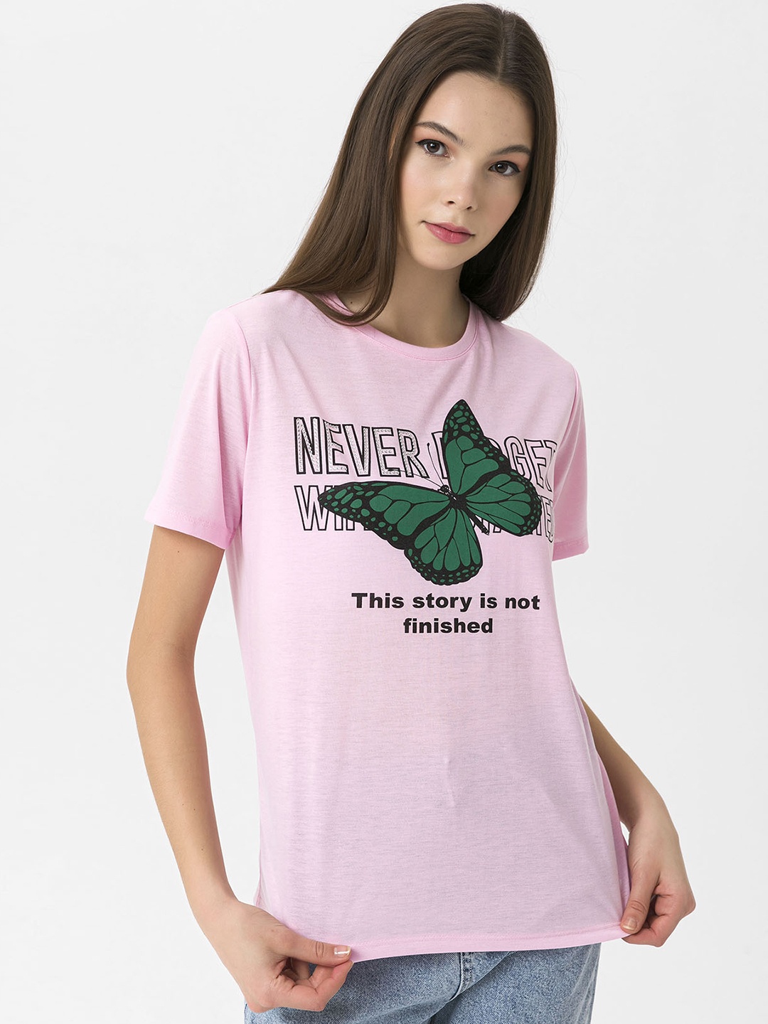 

Miss Poem Women Pink & Black Typography Printed T-shirt