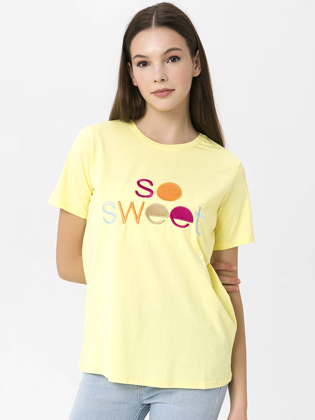 

Miss Poem Women Yellow Typography Embroidered Pure Cotton T-shirt