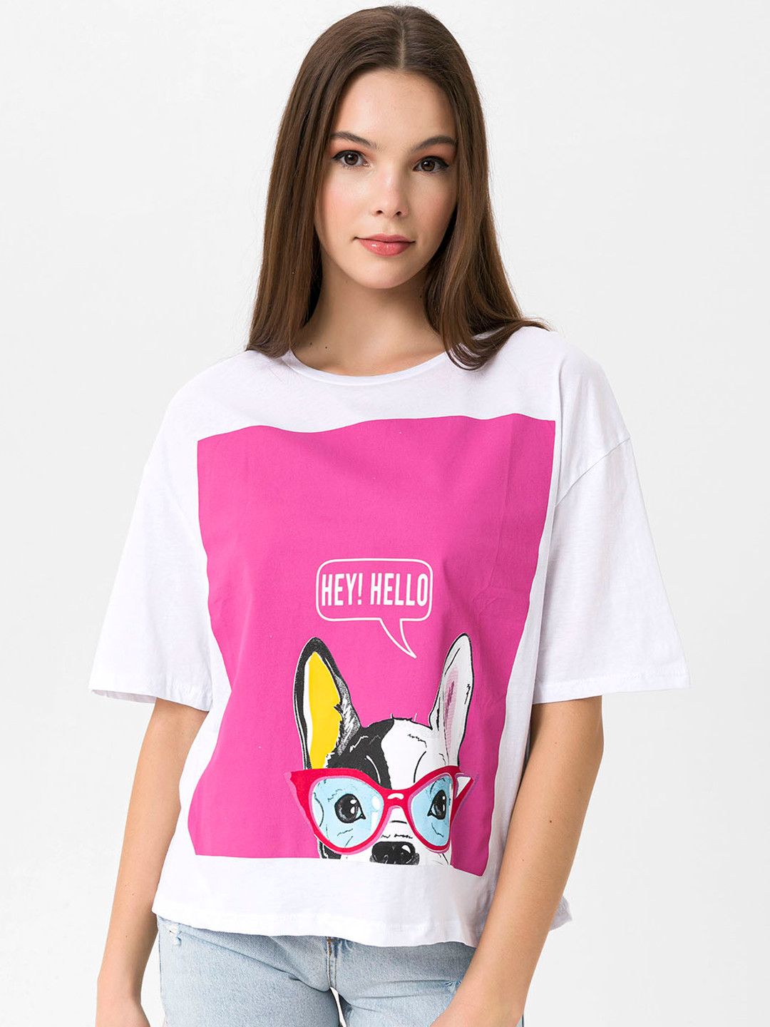 

Miss Poem Women White & Pink Graphic Printed Drop-Shoulder Sleeves Pure Cotton T-shirt