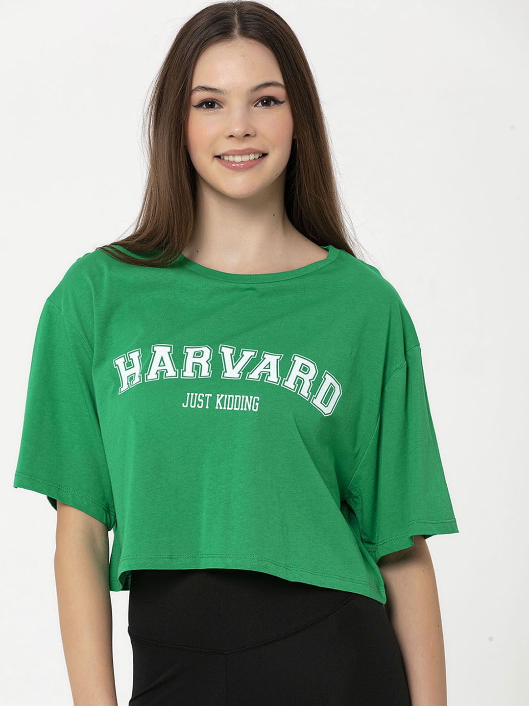 

Miss Poem Women Green & White Drop-Shoulder Sleeves Pure Cotton T-shirt