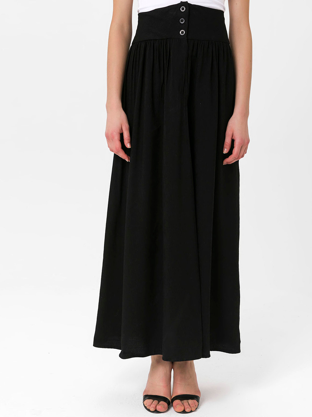 

Miss Poem Women Black Solid Maxi Flared Skirt