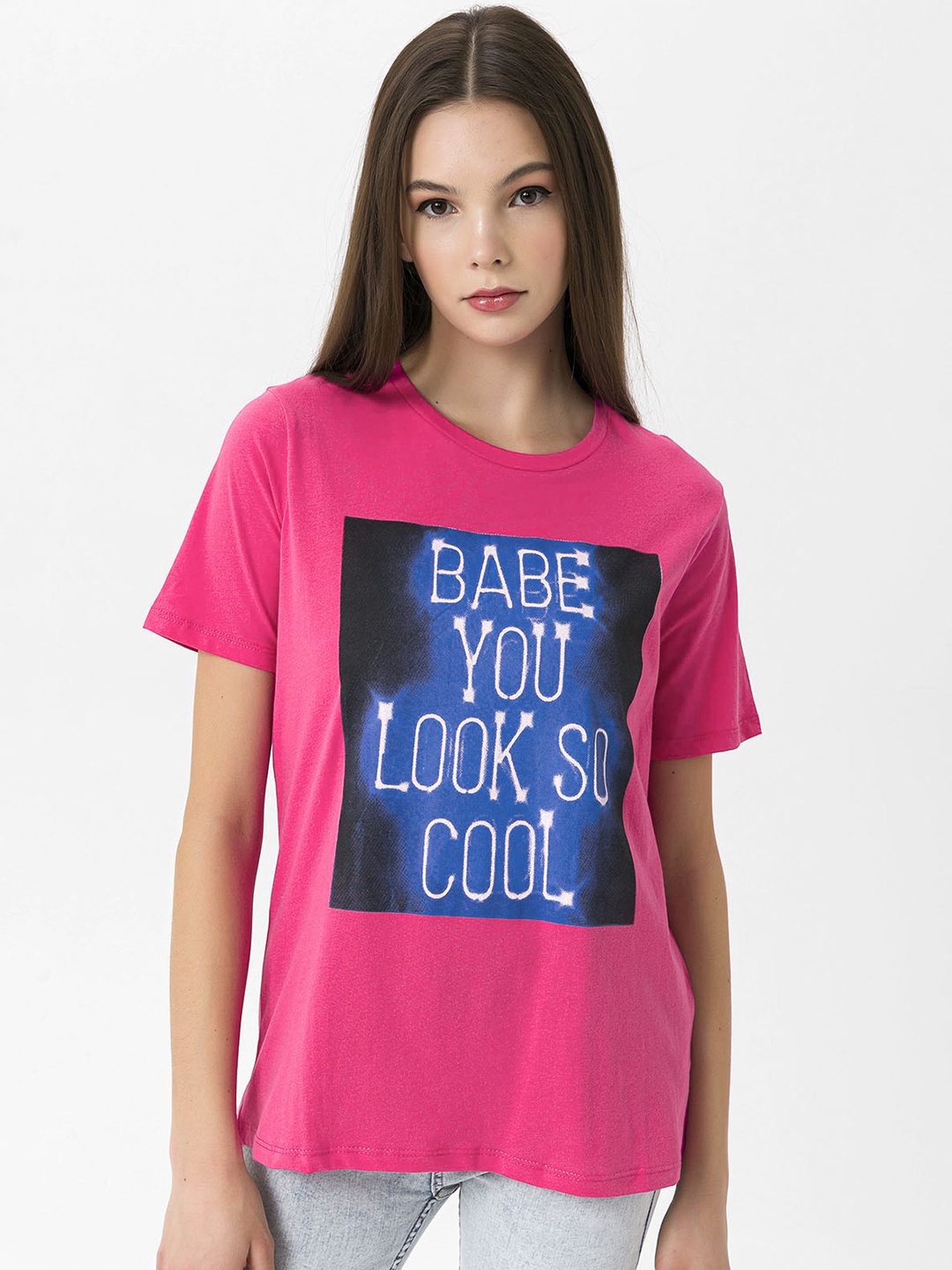 

Miss Poem Women Fuchsia & Blue Typography Printed Pure Cotton T-shirt