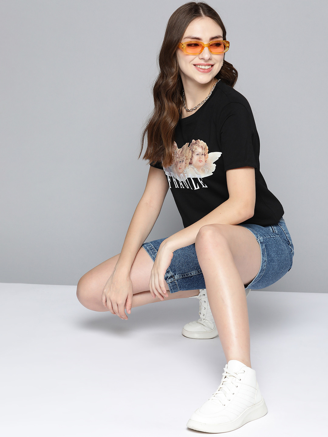 

Miss Poem Women Black & White Typography Printed Pure Cotton T-shirt
