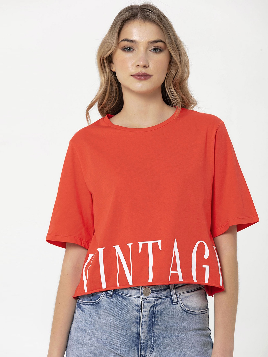

Miss Poem Women Red Typography Drop-Shoulder Sleeves Pure Cotton T-shirt