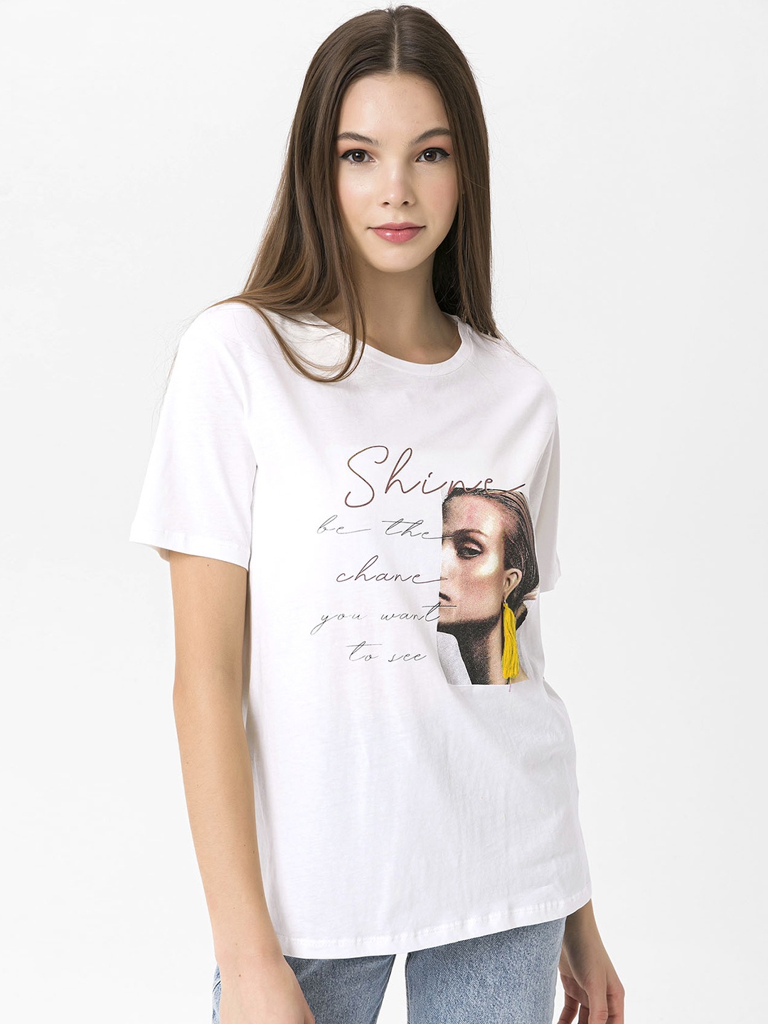

Miss Poem Women White & Yellow Typography Printed Pure Cotton T-shirt