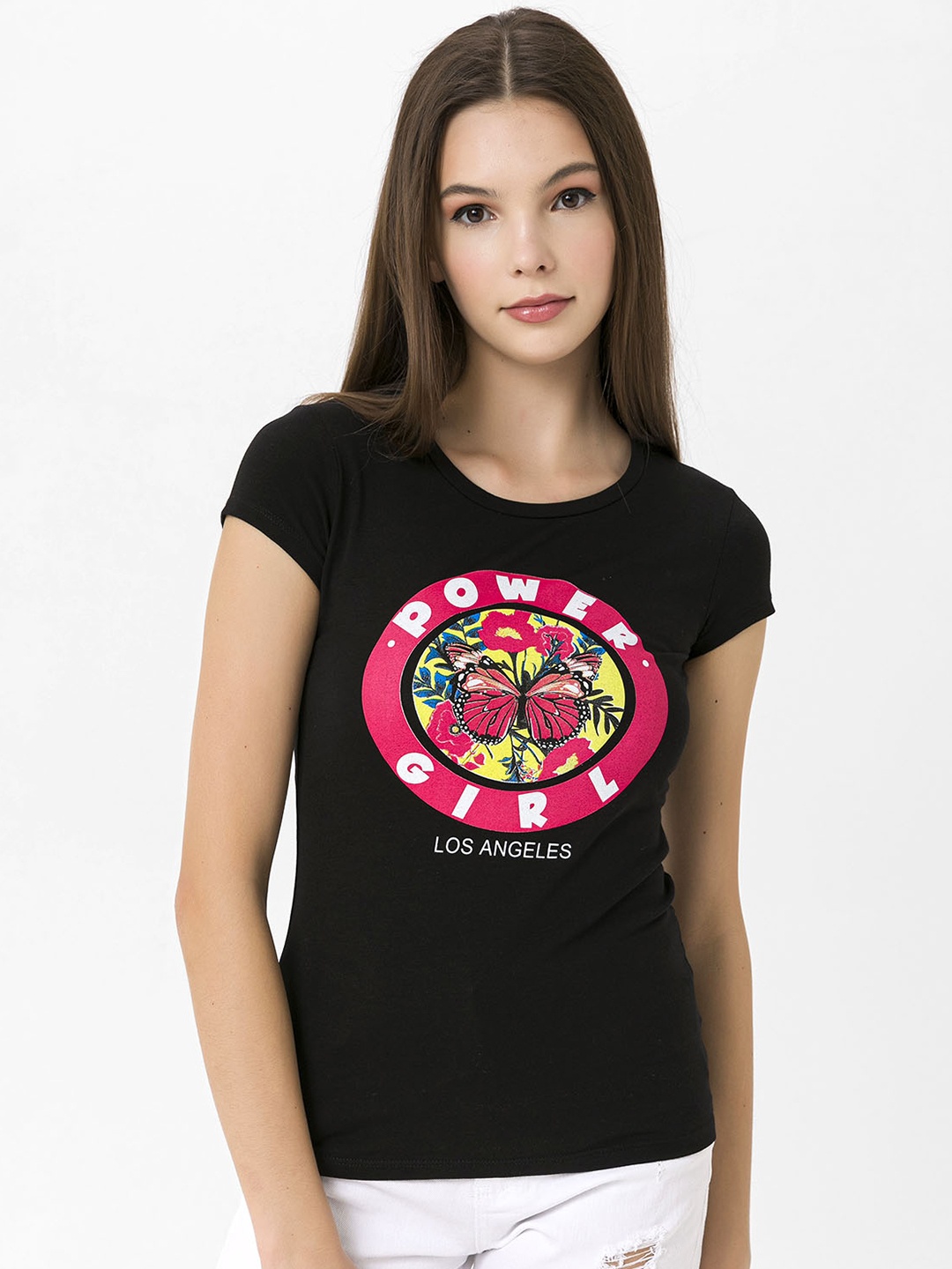 

Miss Poem Women Black & Red Printed Extended Sleeves T-shirt