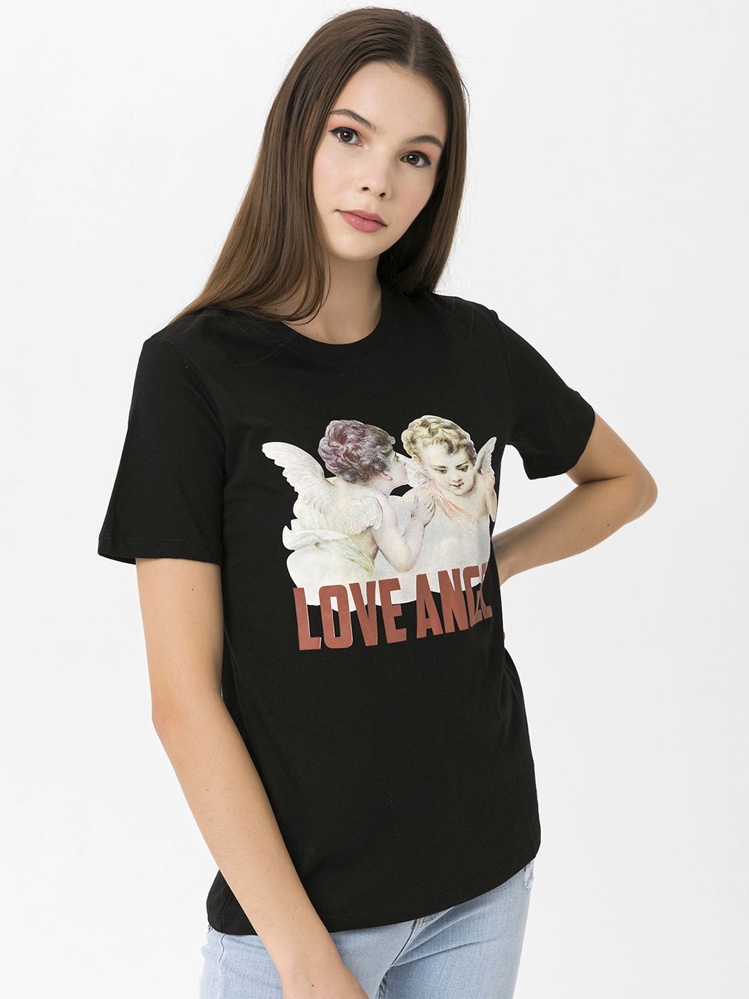 

Miss Poem Women Black Typography Printed Pure Cotton T-shirt