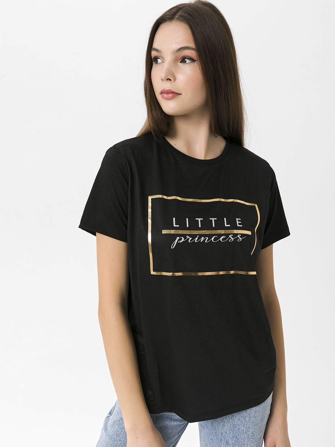 

Miss Poem Women Black & Golden Typography Printed T-shirt