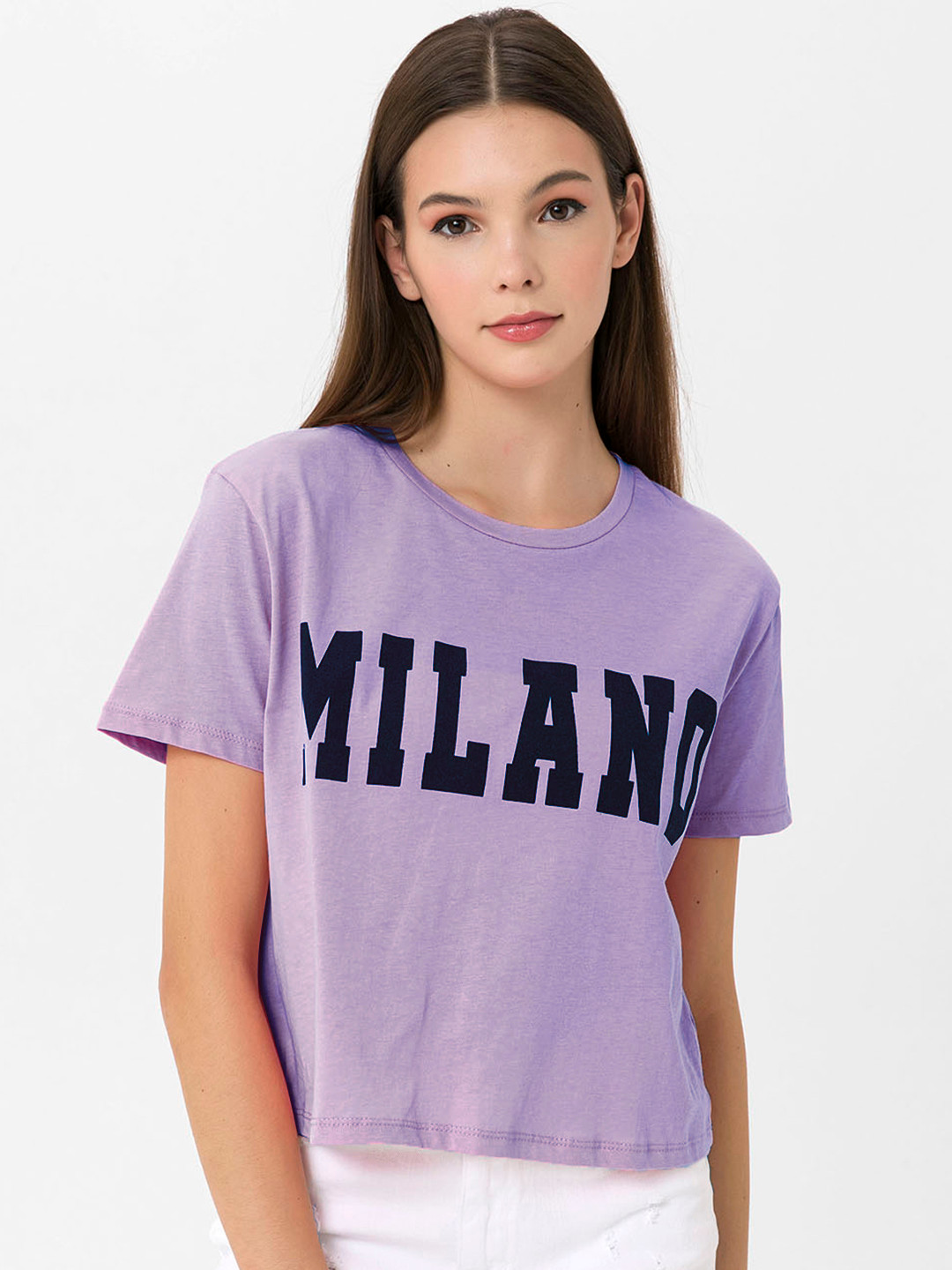 

Miss Poem Women Purple & Black Typography Printed Pure Cotton T-shirt