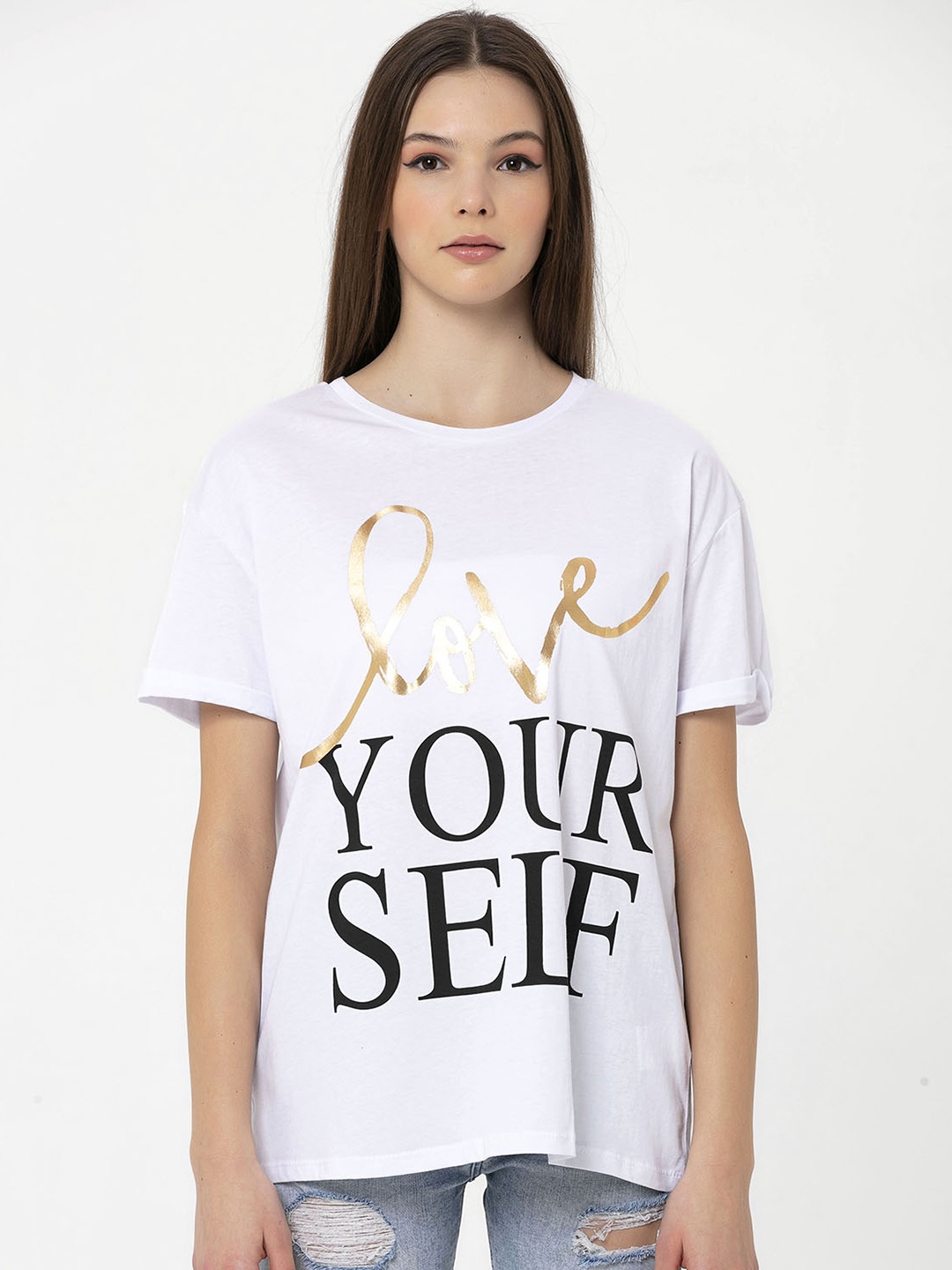 

Miss Poem Women White & Black Typography Printed Drop-Shoulder Sleeves Pure Cotton T-shirt