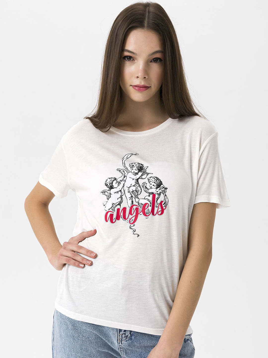 

Miss Poem Women White Printed Drop-Shoulder Sleeves T-shirt