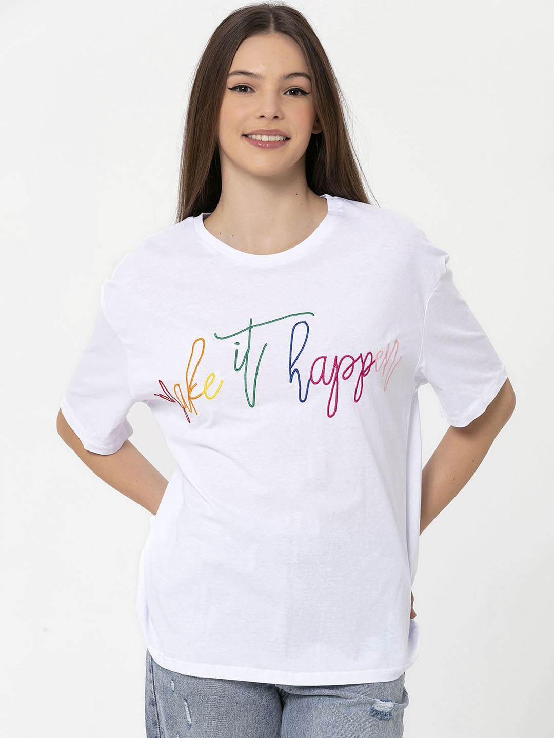 

Miss Poem Women White Typography Drop-Shoulder Sleeves Pure Cotton T-shirt