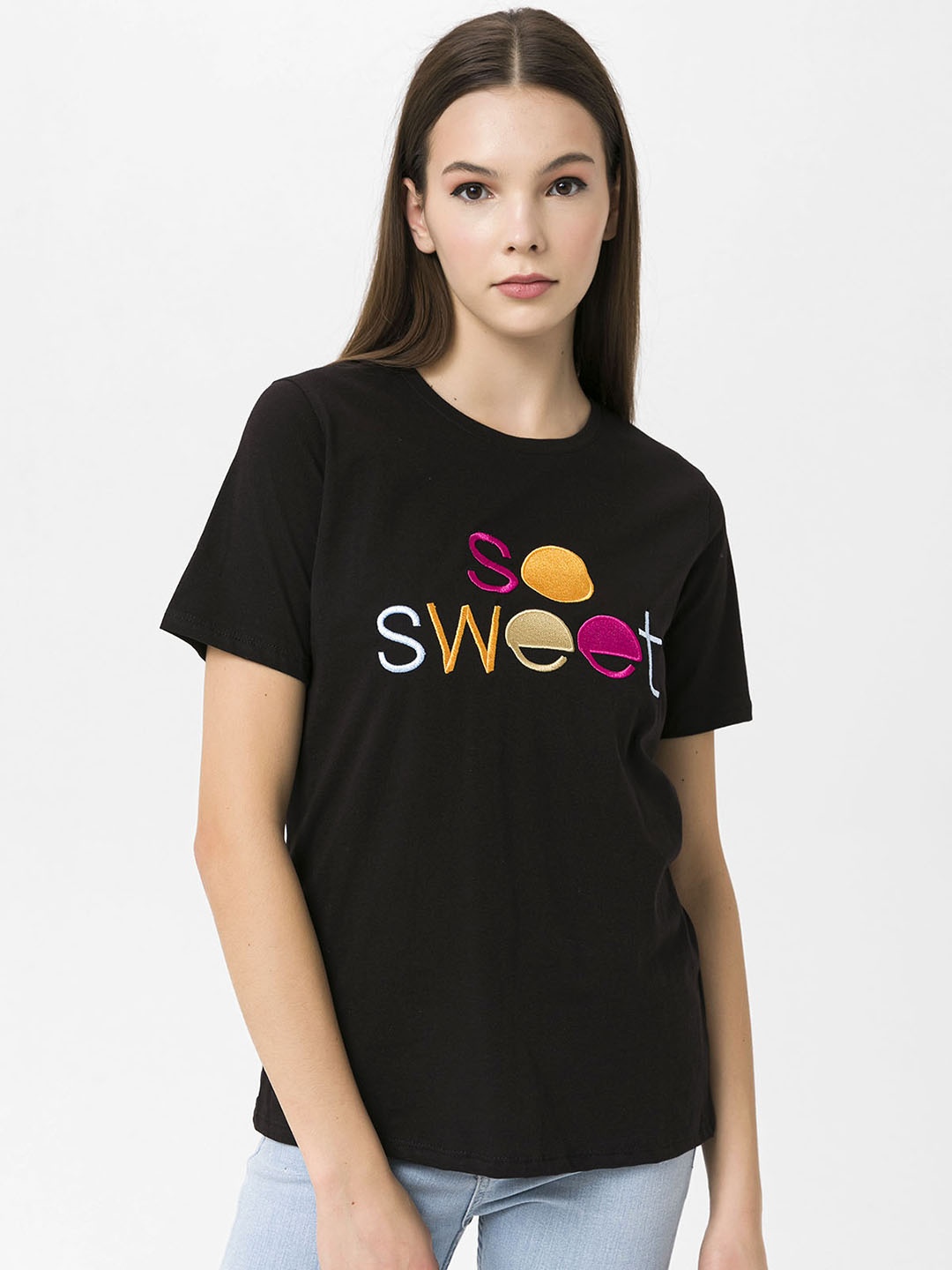 

Miss Poem Women Black Embroidered Pure Cotton T-shirt