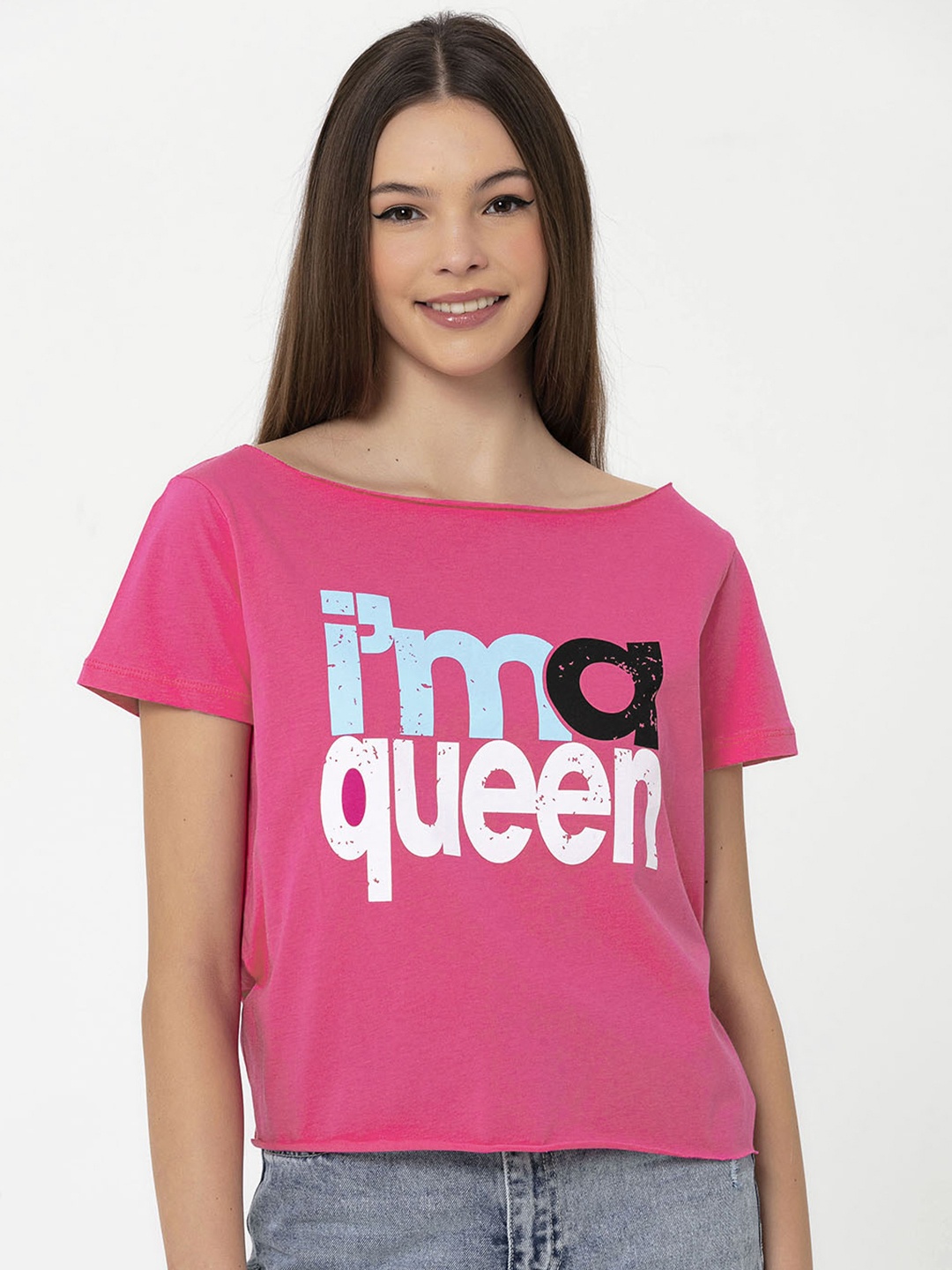 

Miss Poem Women Pink & White Typography Printed Pure Cotton T-shirt